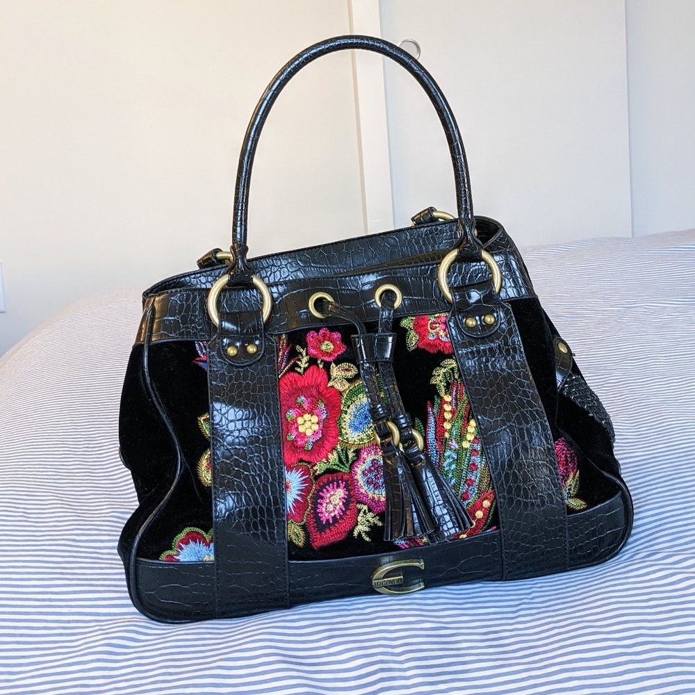 Just Cavalli Black Leather&Velour Embroidered Bag